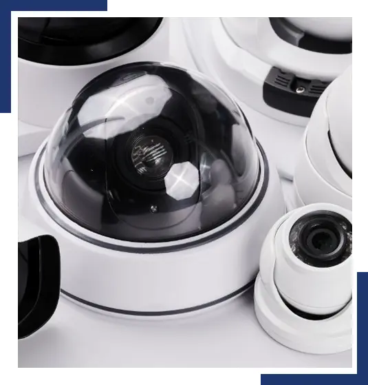 Various commercial security camera types including dome, bullet, and box cameras