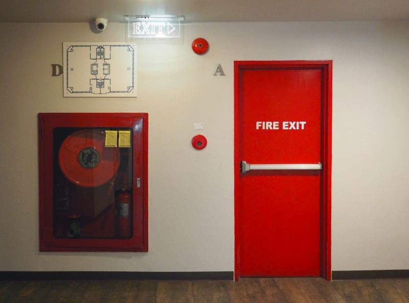 Commercial fire alarm, fire exit, and fire safety hose hookup and fire resource cabinet